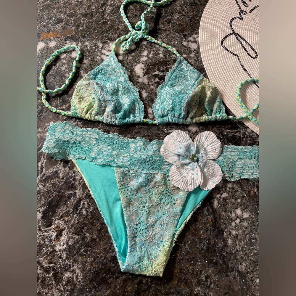 SOLD on Posh USA:Beach bunny“Sugar Magnolias” Lady Lace Teal with Floral Accent